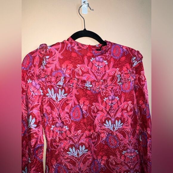 Zara Alexis Rose Mulberry Red Paisley Print Ruffle Peasant Mini Dress Size XS - Picture 3 of 11